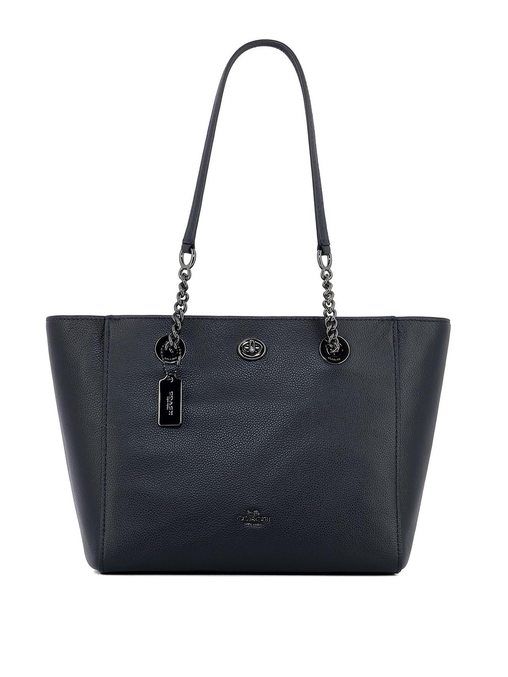 Coach Turnlock Chain Tote 27 Navy Pebbled Leather Shoulder Bag